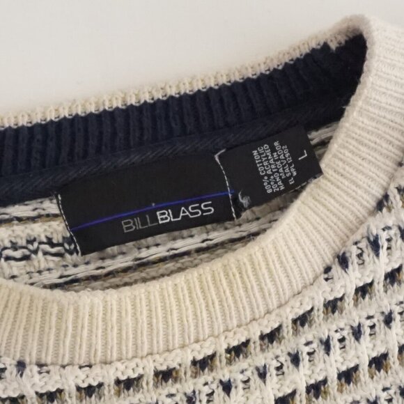 Vintage '90S Bill Blass White Navy 3D Eclectic Cotton Grandpa Crewneck Sweater L - Picture 8 of 9